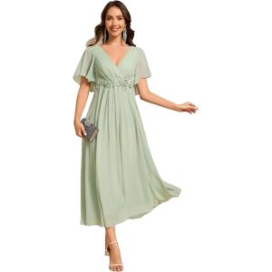 imageEverPretty Womens Cocktail Dresses V Neck ALine Elastic High Waist Wedding Guest Evening Party Maxi Dress 02093Sege Green