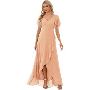 imageEverPretty Womens Double V Neck A Line Ruffle Hem Backless High Low Chiffon Wedding Guest DressesPeach