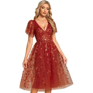 imageEverPretty Womens Elegant A Line Embroidery Tulle Sequins Short Sleeves Midi Wedding Guest Dress 02230Burntorange