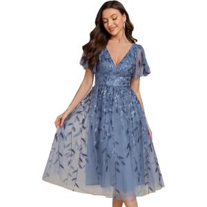 imageEverPretty Womens Elegant A Line Embroidery Tulle Sequins Short Sleeves Midi Wedding Guest Dress 02230Dusty Blue