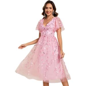 imageEverPretty Womens Elegant A Line Embroidery Tulle Sequins Short Sleeves Midi Wedding Guest Dress 02230Pink