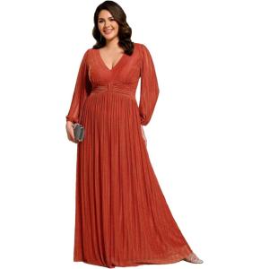 imageEverPretty Womens Glitter Long Sleeves Pleated Floor Length Evening Formal Dresses Plus Size 01961DABurnt Orange