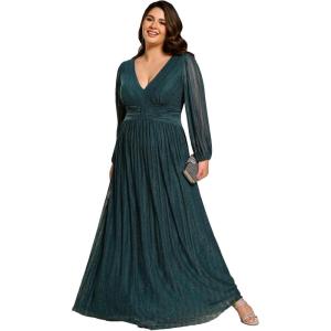 imageEverPretty Womens Glitter Long Sleeves Pleated Floor Length Evening Formal Dresses Plus Size 01961DATeal