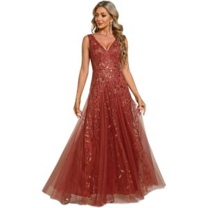 imageEverPretty Womens Sexy Sleeveless VNeck Evening Gowns Empire Waist Sequin Embroidery Formal DressBurnt Orange