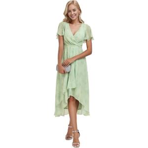 imageEverPretty Womens Chiffon Formal Dresses V Neck Ruffle Sleeves Pleated High Low Summer Wedding Guest DressLight Green Roses