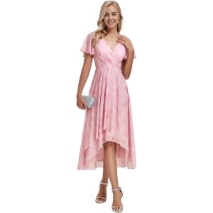 imageEverPretty Womens Chiffon Formal Dresses V Neck Ruffle Sleeves Pleated High Low Summer Wedding Guest DressLight Purple Roses