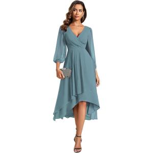 imageEverPretty Womens Chiffon V Neck Long Sleeves Pleated ALine Midi Length Wedding Guest Dress 01926Dusty Blue