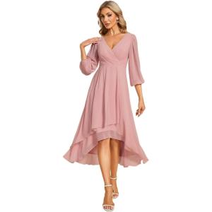 imageEverPretty Womens Chiffon V Neck Long Sleeves Pleated ALine Midi Length Wedding Guest Dress 01926Dusty Rose