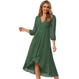 imageEverPretty Womens Chiffon V Neck Long Sleeves Pleated ALine Midi Length Wedding Guest Dress 01926Eucalyptus Green