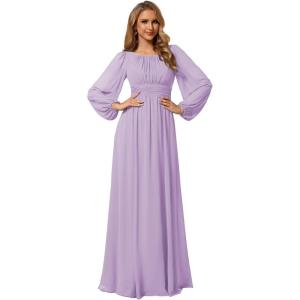 imageEverPretty Womens Crewneck Lantern Sleeves ALine Pleated Chiffon Maxi Formal Dress 0106BLavender
