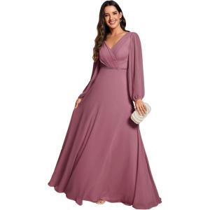 imageEverPretty Womens Formal Dresses Long Sleeve V Neck Empire Waist A Line Beading Maxi Wedding Guest Dress 01981Orchid