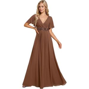 imageEverPretty Womens Mothers Dress Chiffon V Neck A Line Appliques Waist Formal Dresses 01960Brown