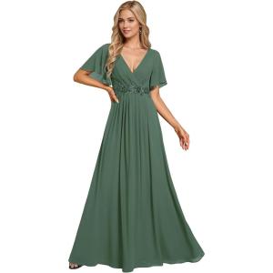 imageEverPretty Womens Mothers Dress Chiffon V Neck A Line Appliques Waist Formal Dresses 01960Eucalyptus Green