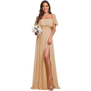 imageEverPretty Womens Off The Shoulder Bridesmaid Dresses Side Split Beach Maxi Formal Dress 00968Champagne