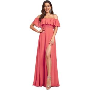 imageEverPretty Womens Off The Shoulder Bridesmaid Dresses Side Split Beach Maxi Formal Dress 00968Coral