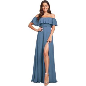 imageEverPretty Womens Off The Shoulder Bridesmaid Dresses Side Split Beach Maxi Formal Dress 00968Dusty Blue