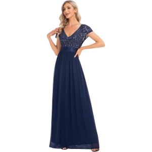 imageEverPretty Womens Sequin VNeck Aline Short Sleeves Empire Waist Maxi Evening Party Dress 0150ANavy Blue