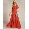 imageEverPretty Womens Chiffon Formal Dress ALine V Neck Ruffle Sleeves Floor Length Evening Gown 11981Burnt Orange