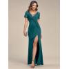 imageEverPretty Womens Deep VNeck Applique Ruffle Sleeves Side Slit Pleated Long Formal Dresses 01669Teal