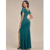 imageEverPretty Womens Deep VNeck Applique Ruffle Sleeves Side Slit Pleated Long Formal Dresses 01669Teal