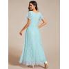 imageEverPretty Womens Lace V Neck Ruffles Sleeves Pleated Empire Waist ALine Maxi Formal Dresses 01489Sky Blue
