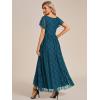 imageEverPretty Womens Lace V Neck Ruffles Sleeves Pleated Empire Waist ALine Maxi Formal Dresses 01489Teal