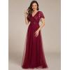 imageEverPretty Womens V Neck Evening Dresses Ruffles Sleeves Sequin Empire Waist ALine Maxi Formal Dresses 02223Burgundy