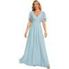 imageEverPretty Womens Chiffon ALine Ruched Short Sleeves Applique Waist V Neck Mother of The Bride DressesSky Blue