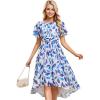 imageEverPretty Womens Chiffon Crew Neck Pleated Waist Short Sleeve Wedding Guest Dress 02053Blue Verdure on White