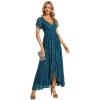 imageEverPretty Womens Lace V Neck Ruffles Sleeves Pleated Empire Waist ALine Maxi Formal Dresses 01489Teal