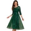 imageEverPretty Womens Round Neck 34 Sleeves Formal Dresses Sequin A Line Midi Wedding Guest Dress 02241Deep Green
