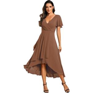 imageEverPretty Womens A Line V Neck Ruffle Sleeves Pleated High Low Formal Dresses 02084Brown