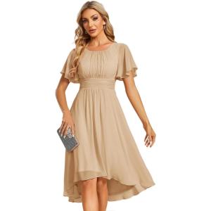 imageEverPretty Womens Chiffon Crew Neck Pleated Waist Short Sleeve Wedding Guest Dress 02053Champagne