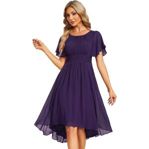 imageEverPretty Womens Chiffon Crew Neck Pleated Waist Short Sleeve Wedding Guest Dress 02053Deep Purple