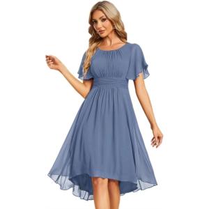 imageEverPretty Womens Chiffon Crew Neck Pleated Waist Short Sleeve Wedding Guest Dress 02053Dusty Navy