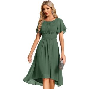 imageEverPretty Womens Chiffon Crew Neck Pleated Waist Short Sleeve Wedding Guest Dress 02053Eucalyptus Green