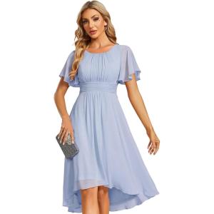 imageEverPretty Womens Chiffon Crew Neck Pleated Waist Short Sleeve Wedding Guest Dress 02053Ice Blue