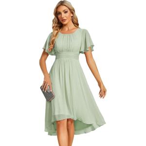 imageEverPretty Womens Chiffon Crew Neck Pleated Waist Short Sleeve Wedding Guest Dress 02053Mint Green