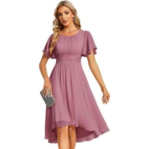 imageEverPretty Womens Chiffon Crew Neck Pleated Waist Short Sleeve Wedding Guest Dress 02053Orchid