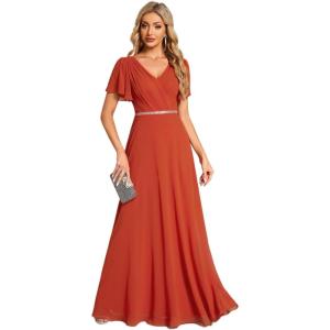 imageEverPretty Womens Chiffon Formal Dress ALine V Neck Ruffle Sleeves Floor Length Evening Gown 11981Burnt Orange