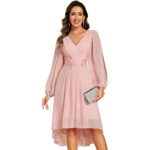 imageEverPretty Womens Chiffon Lantern Long Sleeves Pleated Appliqued Empire Waist Midi Length Semi Formal Dresses 02926Pink