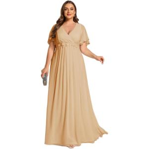 imageEverPretty Womens Chiffon V Neck Short Sleeves Appliques Plus Size Dresses for Curvy Women Formal Dresses 01960DAChampagne