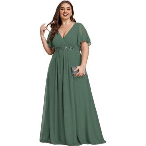 imageEverPretty Womens Chiffon V Neck Short Sleeves Appliques Plus Size Dresses for Curvy Women Formal Dresses 01960DAEucalyptus