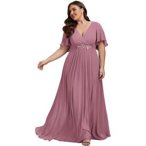imageEverPretty Womens Chiffon V Neck Short Sleeves Appliques Plus Size Dresses for Curvy Women Formal Dresses 01960DAOrchid