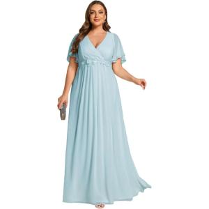 imageEverPretty Womens Chiffon V Neck Short Sleeves Appliques Plus Size Dresses for Curvy Women Formal Dresses 01960DASky Blue