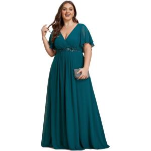 imageEverPretty Womens Chiffon V Neck Short Sleeves Appliques Plus Size Dresses for Curvy Women Formal Dresses 01960DATeal