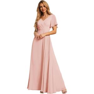 imageEverPretty Womens Formal Dresses Flutter Short Sleeve Floor Length Dress 2024 High Waist Evening Dresses 0050Pink