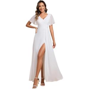 imageEverPretty Womens Formal Dresses Flutter Short Sleeve Floor Length Dress 2024 High Waist Evening Dresses 0050White