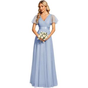 imageEverPretty Womens Mother of Bride Dress Double VNeck Empire Waist Front Wrap Tulle Bridesmaid Dress 07962Ice Blue