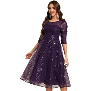 imageEverPretty Womens Round Neck 34 Sleeves Formal Dresses Sequin A Line Midi Wedding Guest Dress 02241Deep Purple